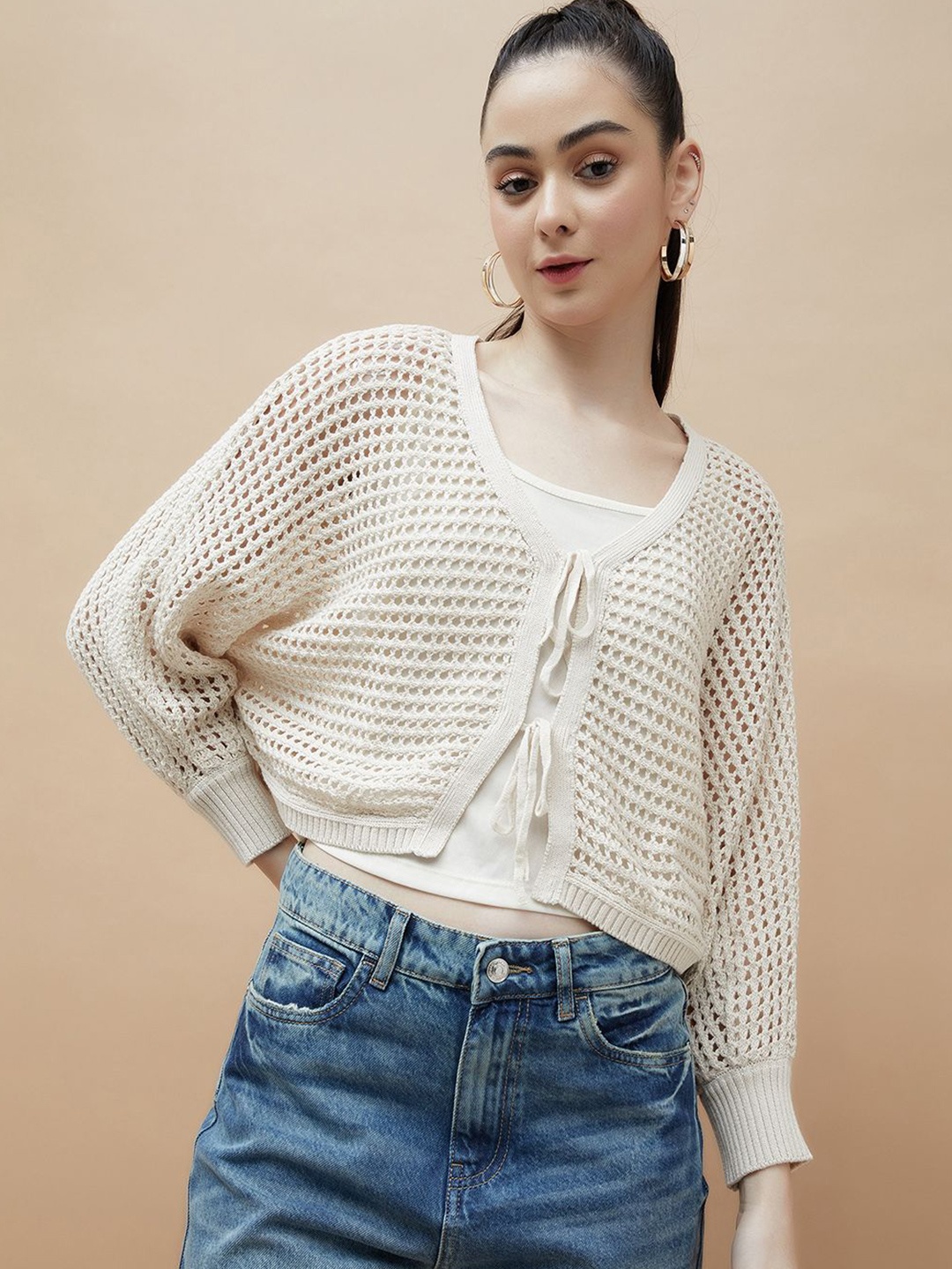 

Ginger by Lifestyle Women Cotton Self Design Long Sleeves Cotton Top, Off white