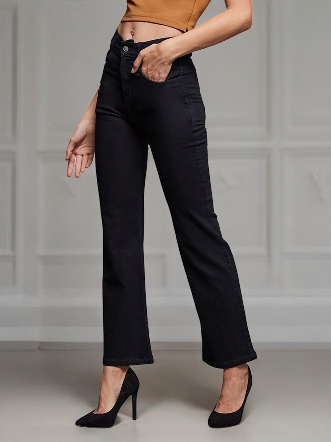 

DressBerry Women Wide Leg High-Rise Stretchable Jeans, Black