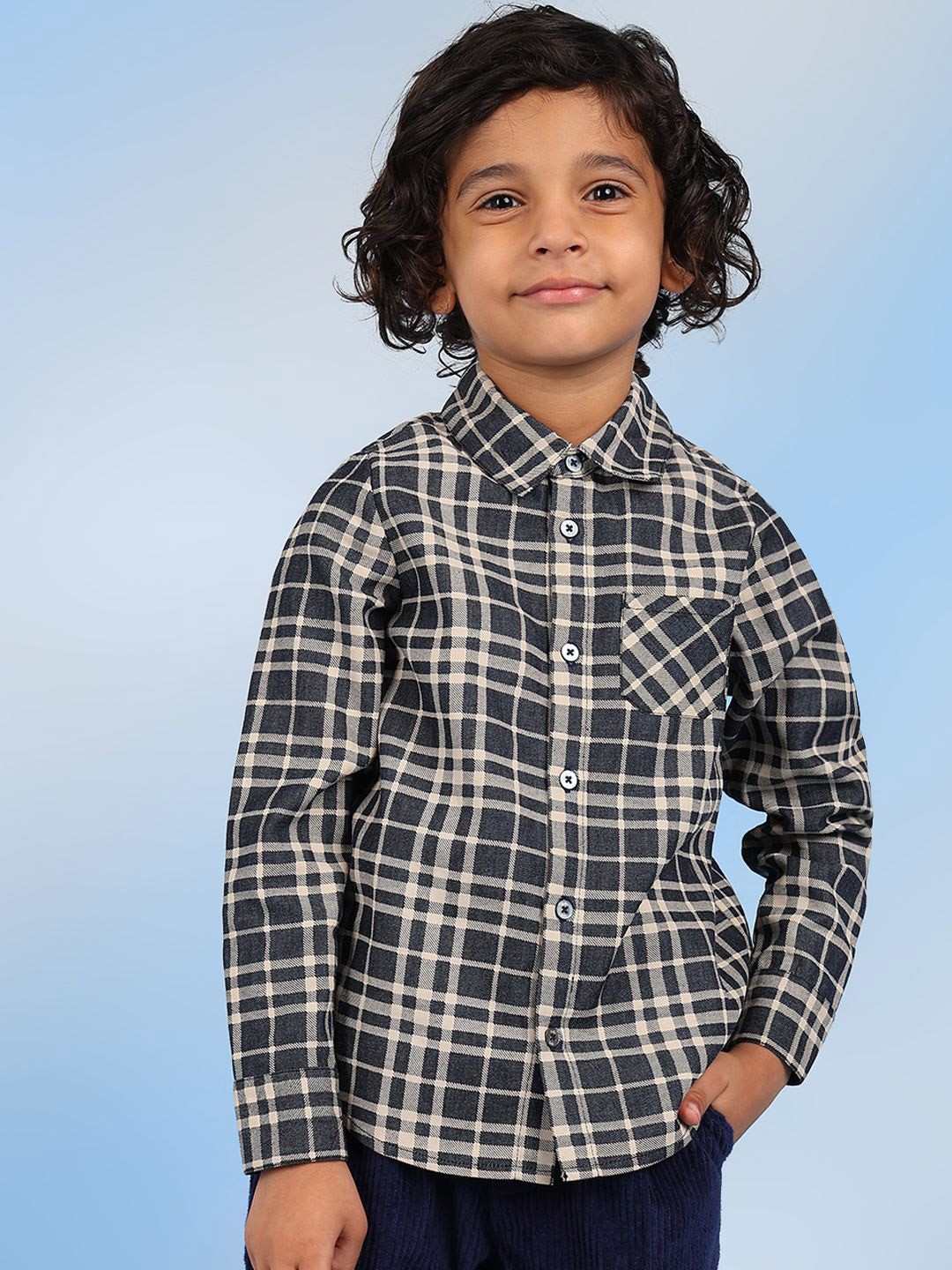 

BAESD Boys Relaxed Fit Spread Collar Tartan Checked Cotton Casual Shirt, Navy blue