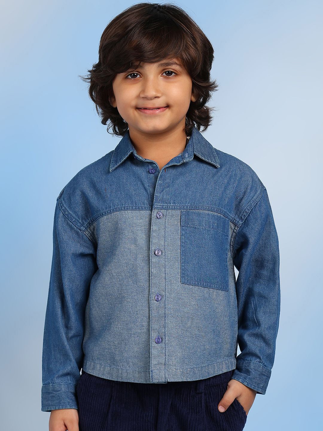 

BAESD Boys Relaxed Spread Collar Colourblocked Cotton Relaxed Fit Casual Shirt, Navy blue