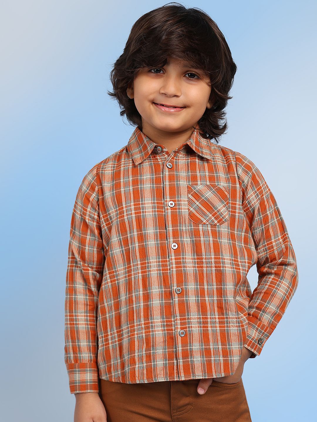 

BAESD Boys Relaxed Spread Collar Tartan Checked Cotton Casual Shirt, Orange