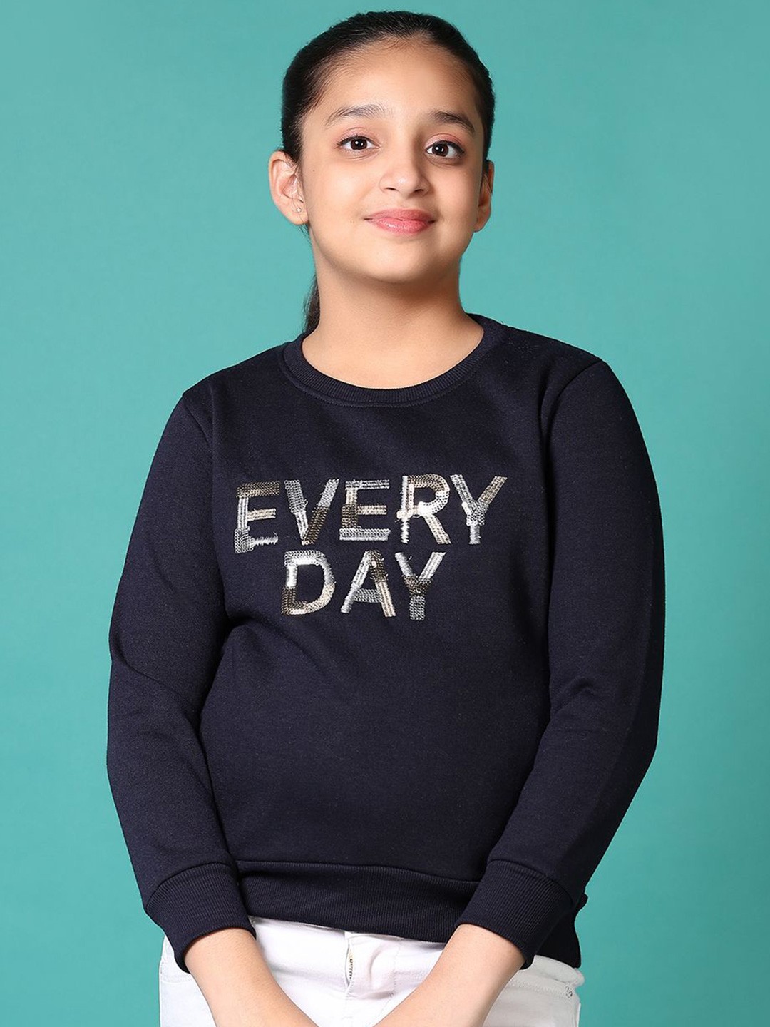 

V-Mart Girls Printed Cotton Sweatshirt, Navy blue