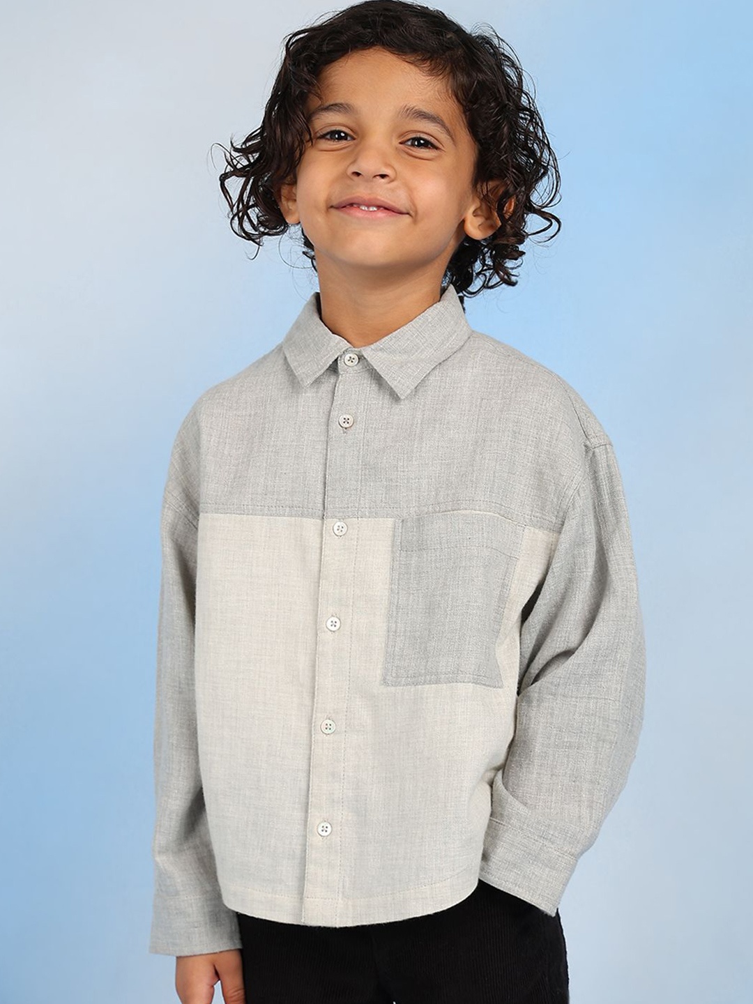 BAESD Boys Relaxed Spread Collar Colourblocked Cotton Relaxed Fit Casual Shirt, Grey