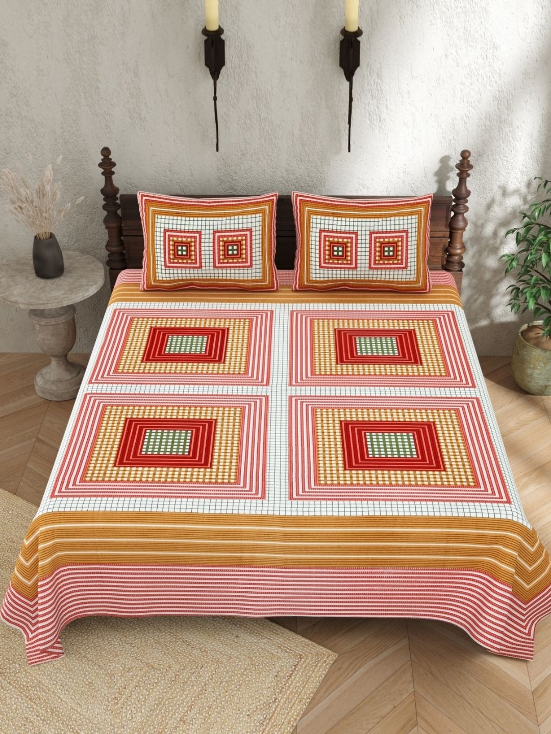 

JAIPUR PRIME Orange Geometric Printed Pure Cotton 210 TC King Bedsheet Set 2.74 x 2.54 m