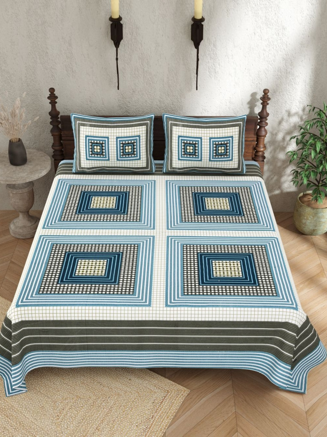 

JAIPUR PRIME Blue Geometric Printed Pure Cotton 210 TC King Bedsheet Set 2.74 x 2.54 m