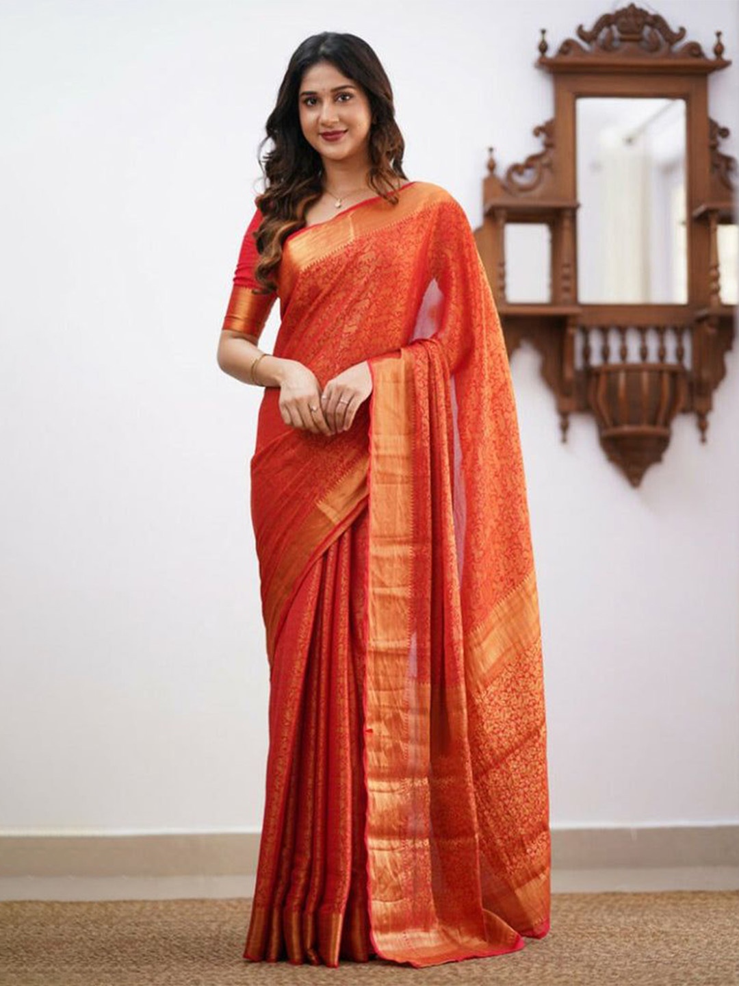 MAHALASA Woven Design Zari Pure Silk Kanjeevaram Saree, Red