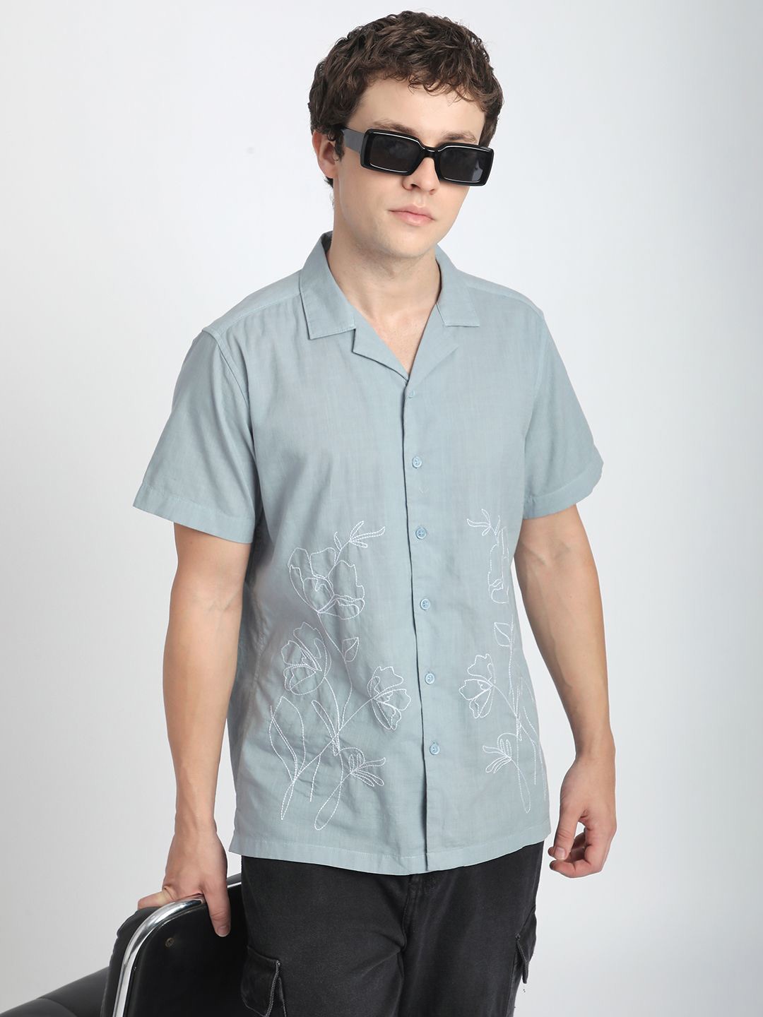

R&B Men Cuban Collar Floral Printed Cotton Casual Shirt, Blue