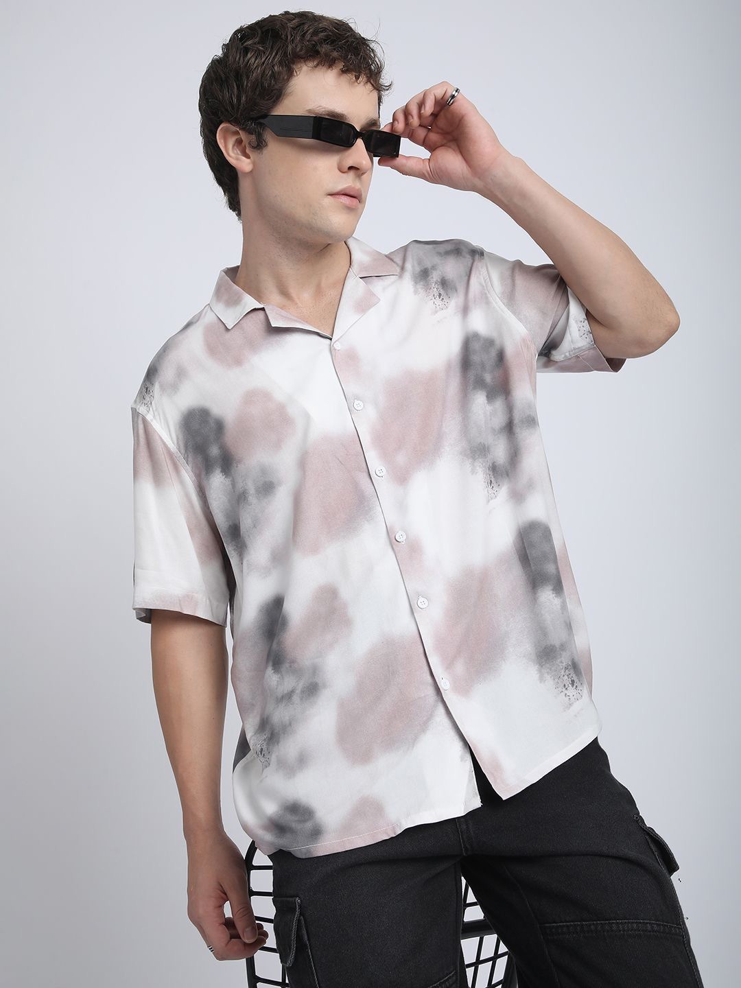 

R&B Men Cuban Collar Abstract Printed Relaxed Fit Casual Shirt, White