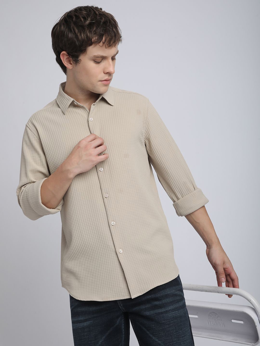 

R&B Men Spread Collar Textured Cotton Relaxed Fit Casual Shirt, Grey