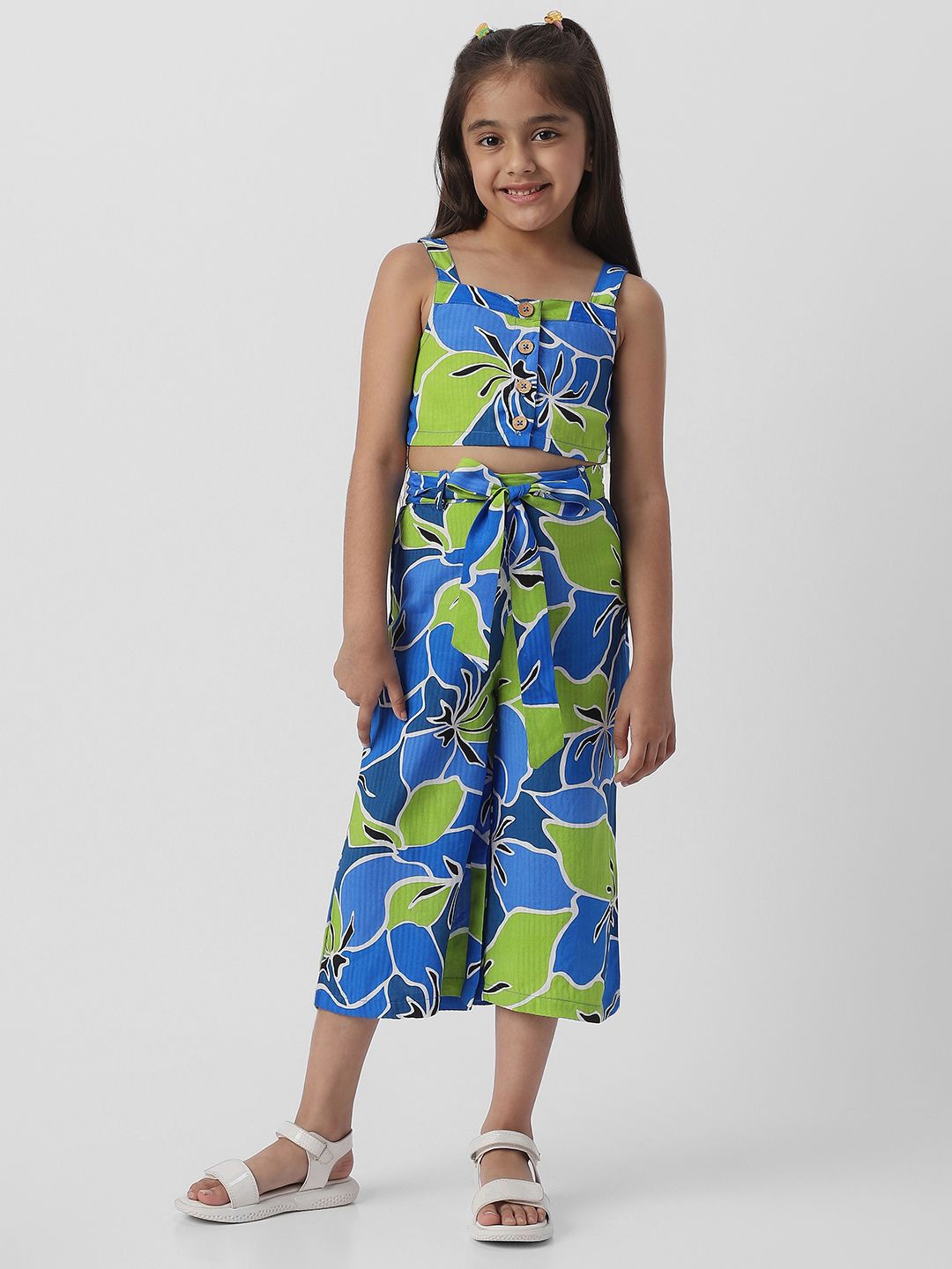 

Nauti Nati Girls Cotton Floral Print Set of Top and Culottes, Blue