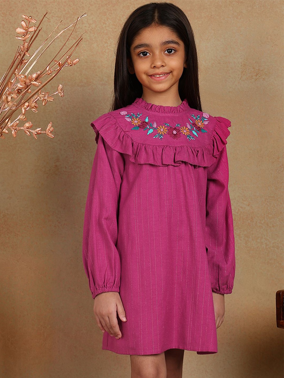 

BAESD Girls Round Neck Embroidered A-Line Dress, Pink