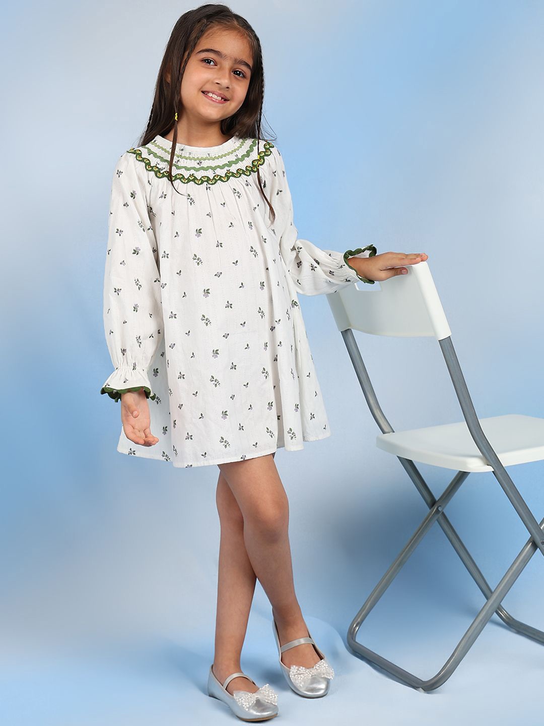 BAESD Floral Printed Bell Sleeve Cotton A-Line Dress, White