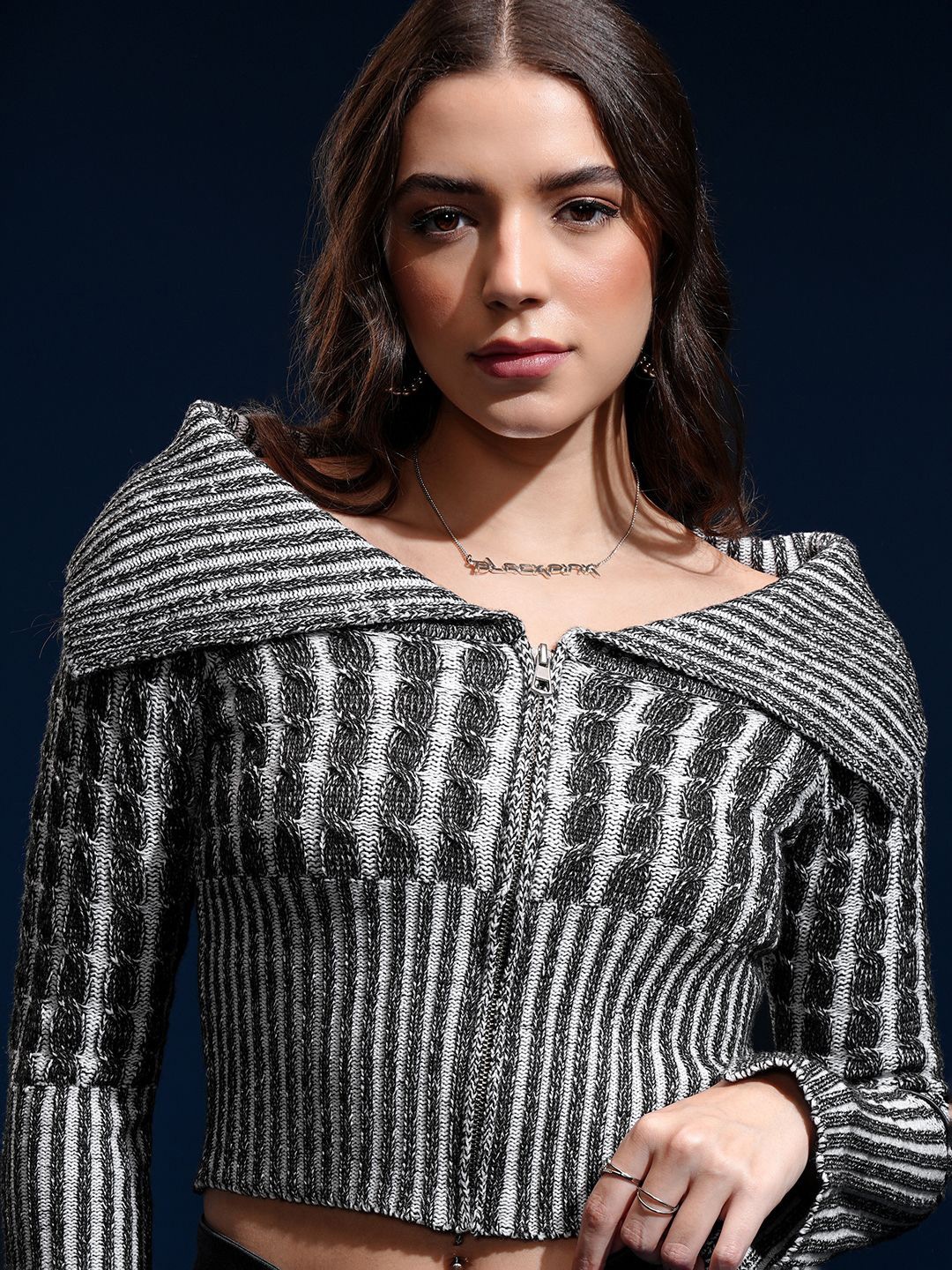 ESPYR By Tokyo Talkies Women Cable Knit Crop Front-Open Sweaters, Black