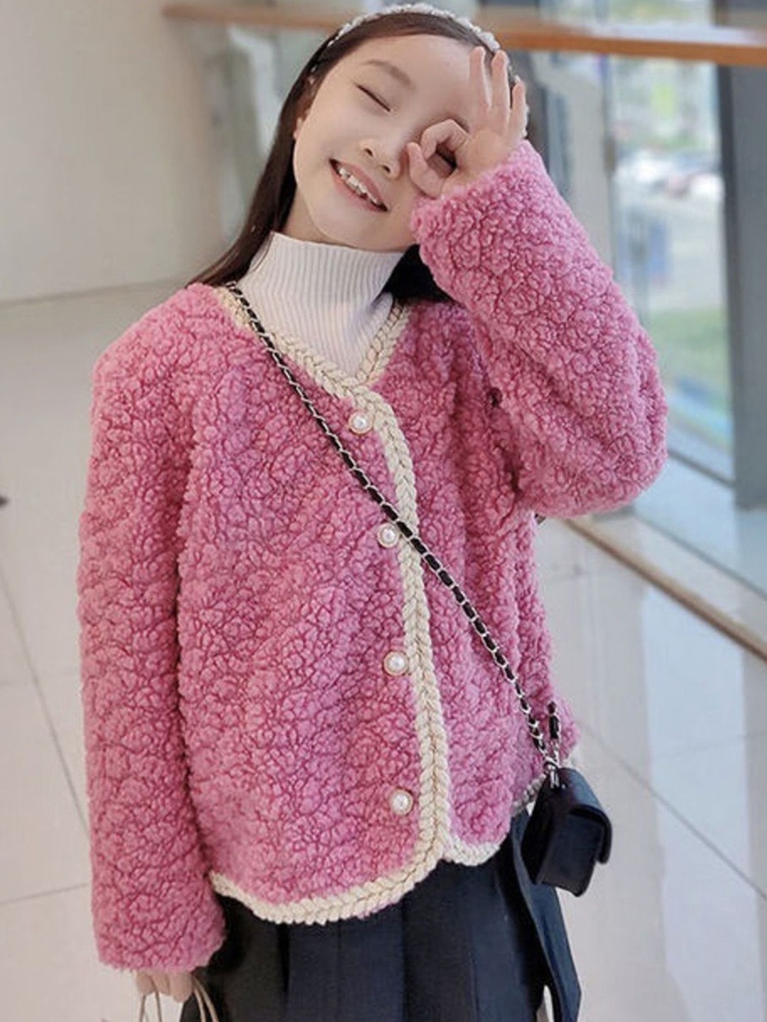 

LULU & SKY Girls Collarless Self Design Cotton Casual Parka Jacket, Pink
