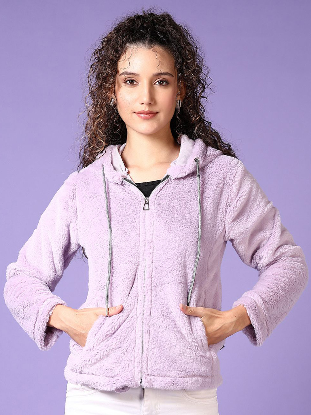 

V-Mart Women Cotton Hooded Front-Open Sweatshirt, Lavender