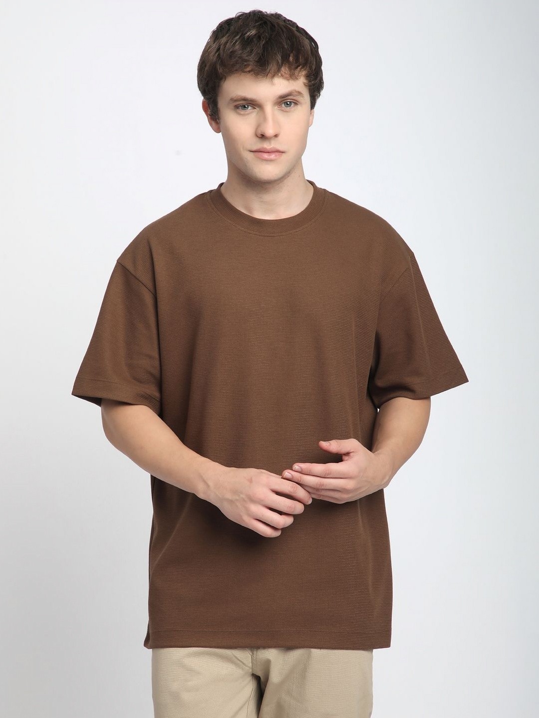 

R&B Solid Round Neck Cotton Loose Fit T-shirt, Brown