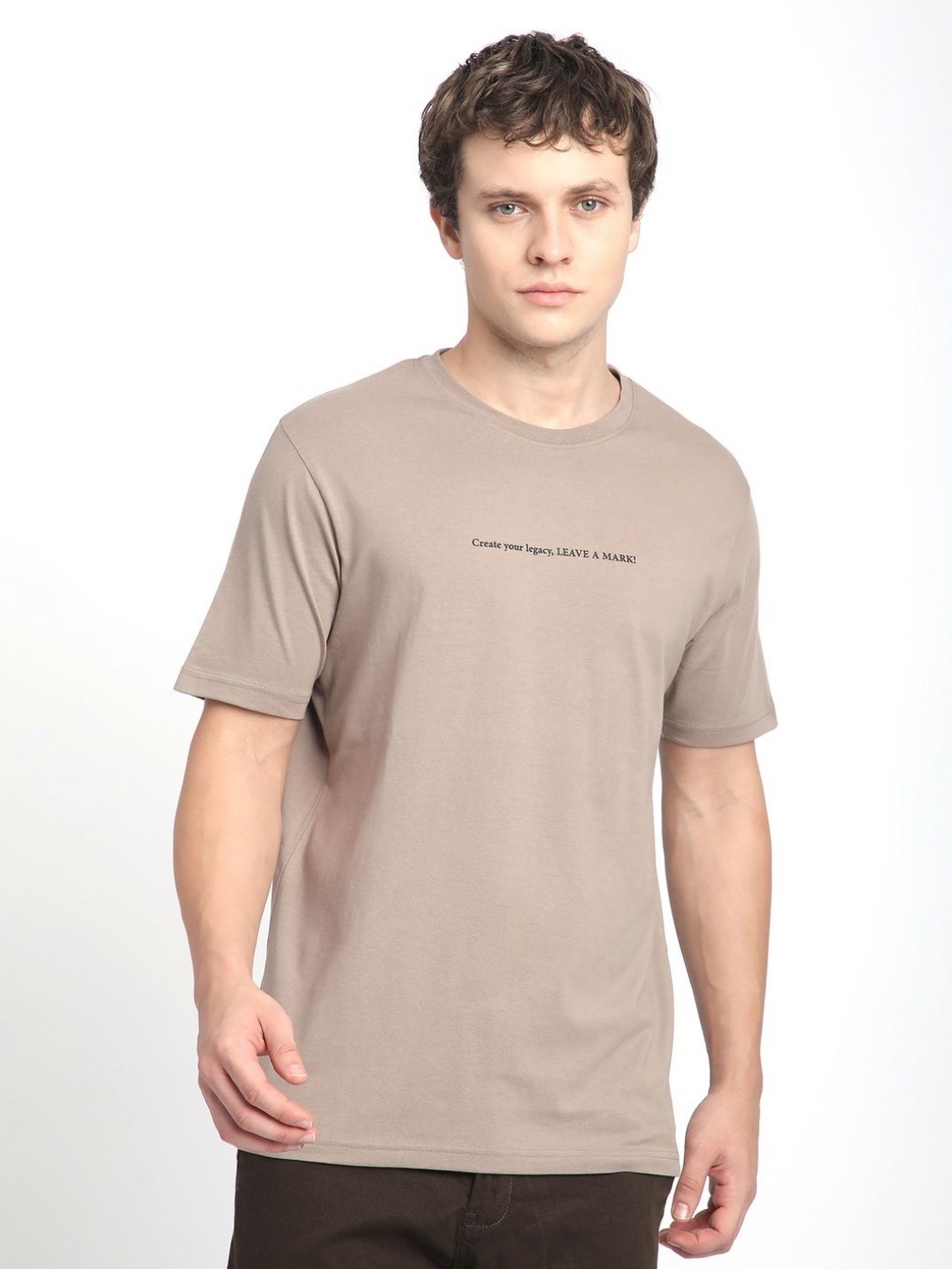 

R&B Men Typography Printed Round Neck Cotton T-shirt, Taupe