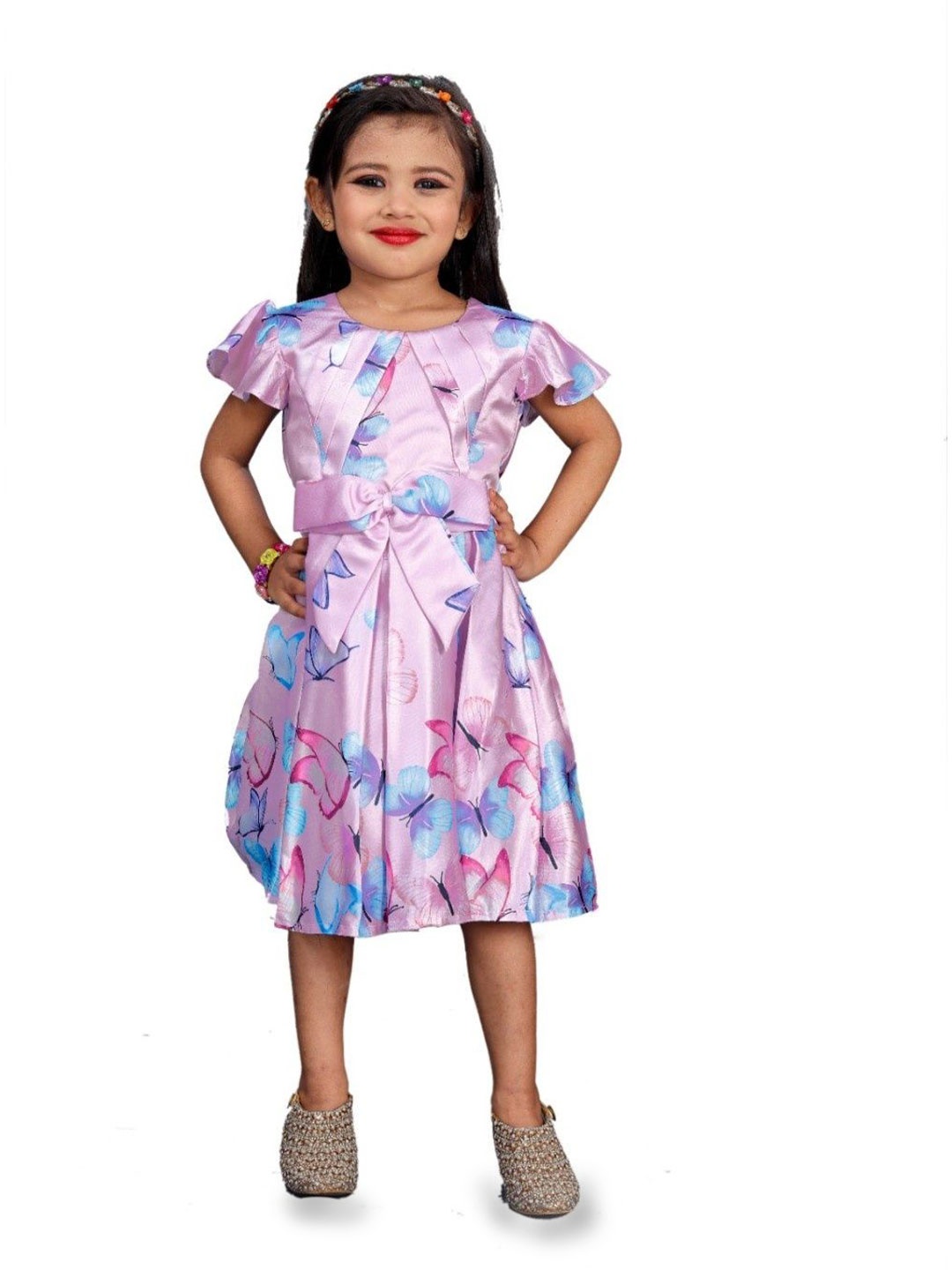 

BAESD Girls Butterfly Printed Satin Fit & Flare Dress, Pink