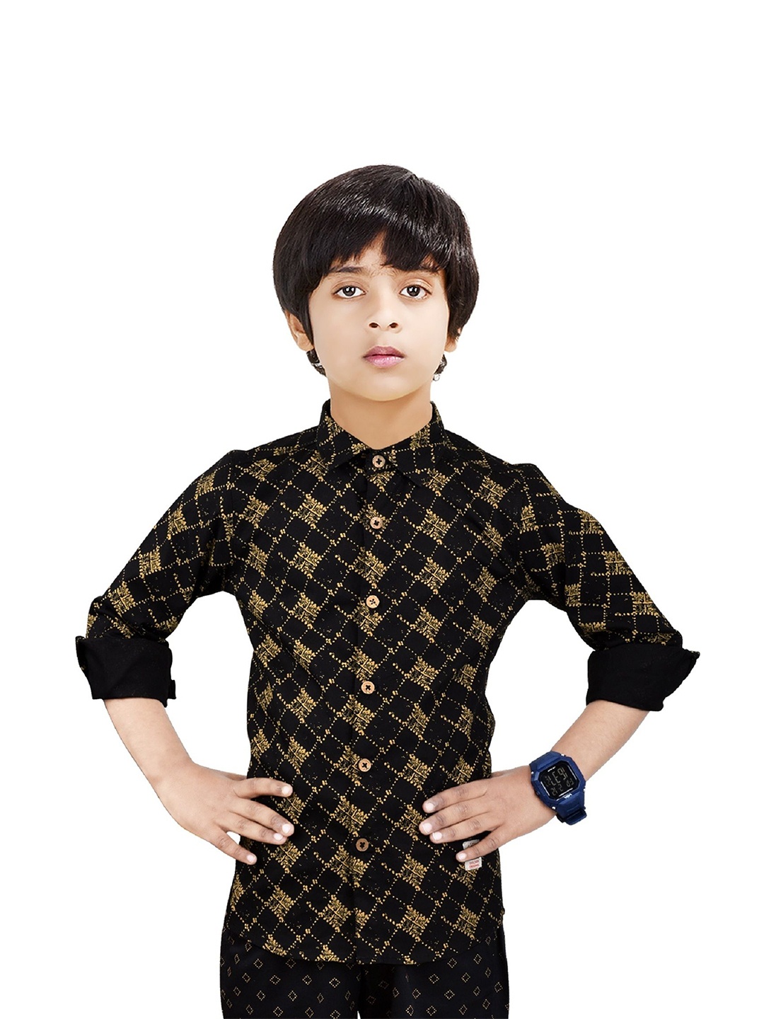 

MADE IN THE SHADE Boys Spread Collar Geometric Printed Cotton Casual Shirt, Black