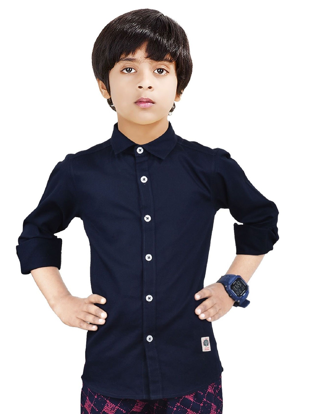 

MADE IN THE SHADE Boys Spread Collar Solid Slim Fit Cotton Casual Shirt, Navy blue