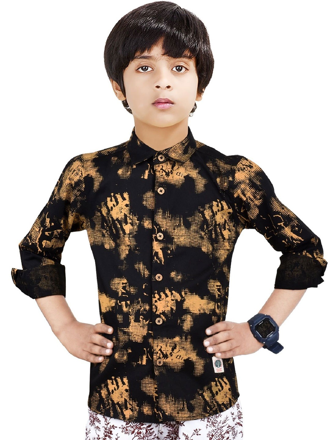 

MADE IN THE SHADE Boys Spread Collar Abstract Printed Cotton Casual Shirt, Black