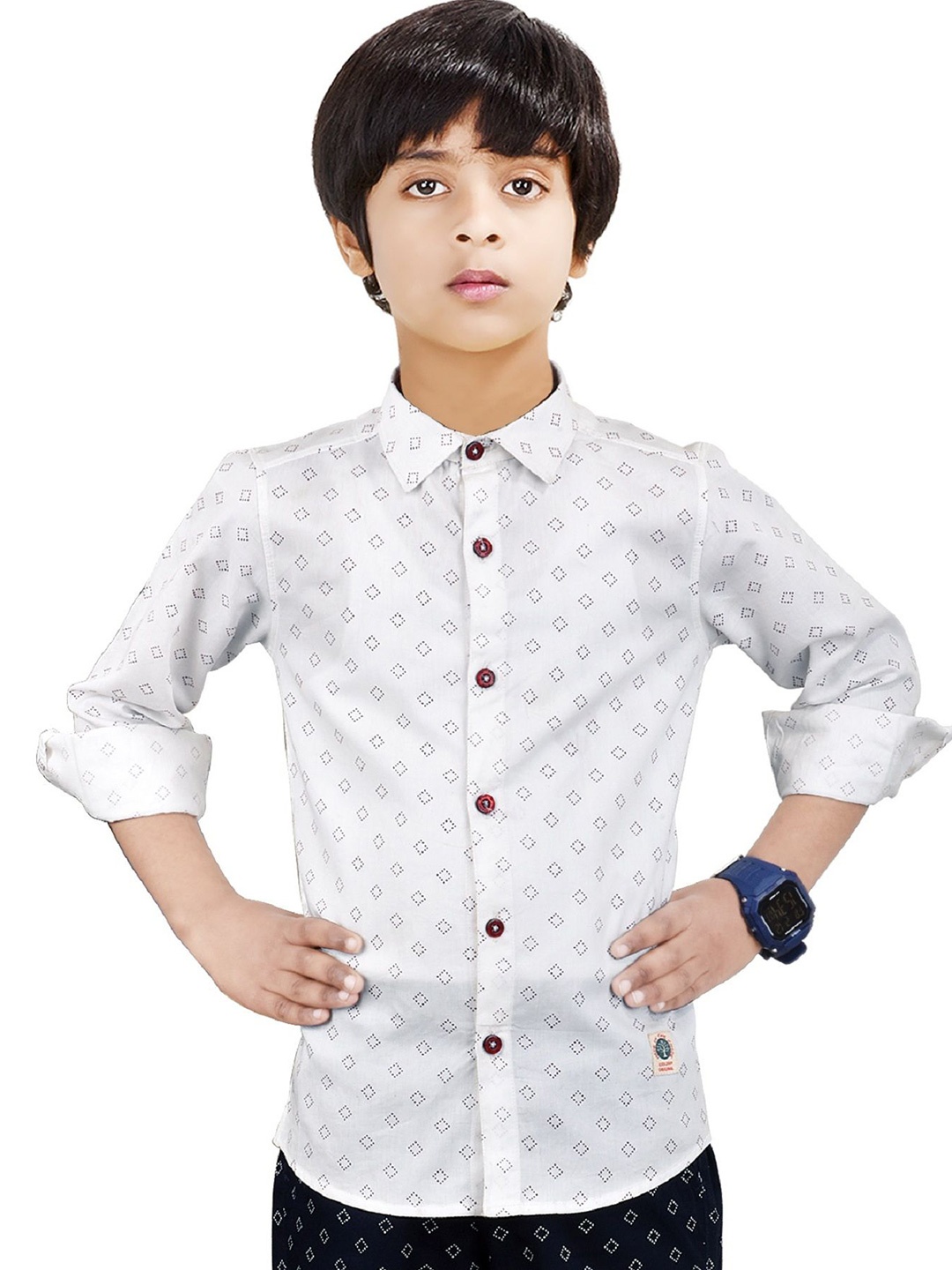

MADE IN THE SHADE Boys Spread Collar Geometric Printed Cotton Casual Shirt, White