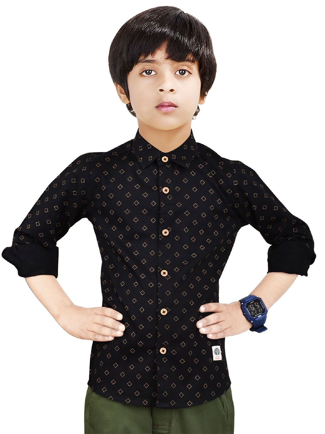 

MADE IN THE SHADE Boys Spread Collar Geometric Printed Cotton Casual Shirt, Black