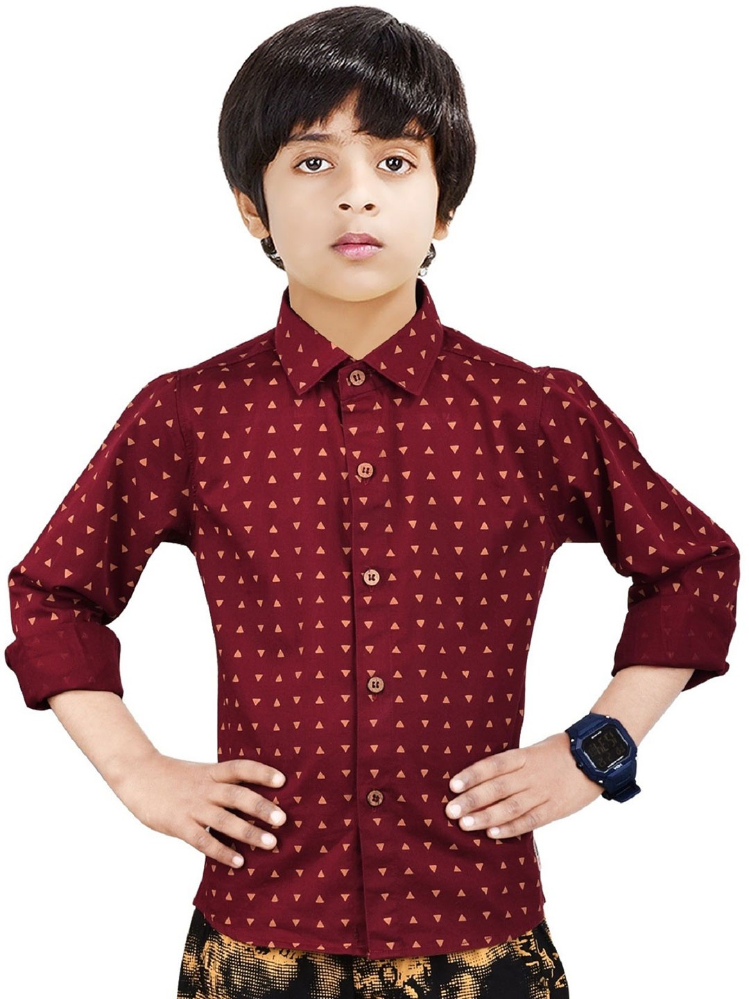 

MADE IN THE SHADE Boys Spread Collar Conversational Printed Cotton Casual Shirt, Maroon