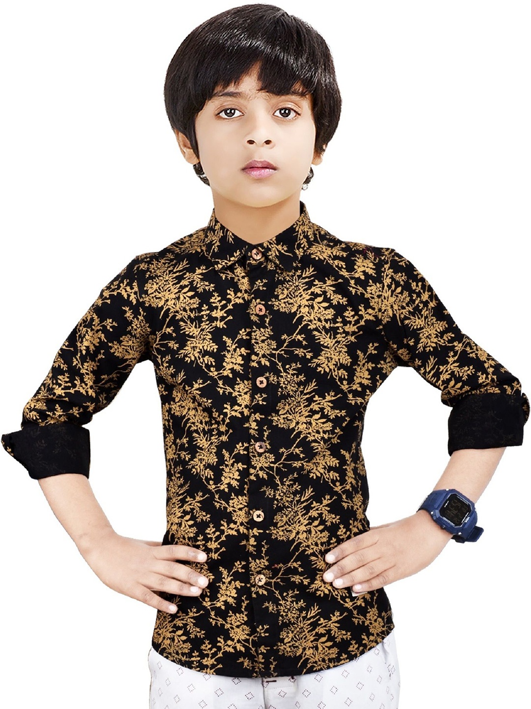 

MADE IN THE SHADE Boys Spread Collar Floral Printed Cotton Casual Shirt, Black