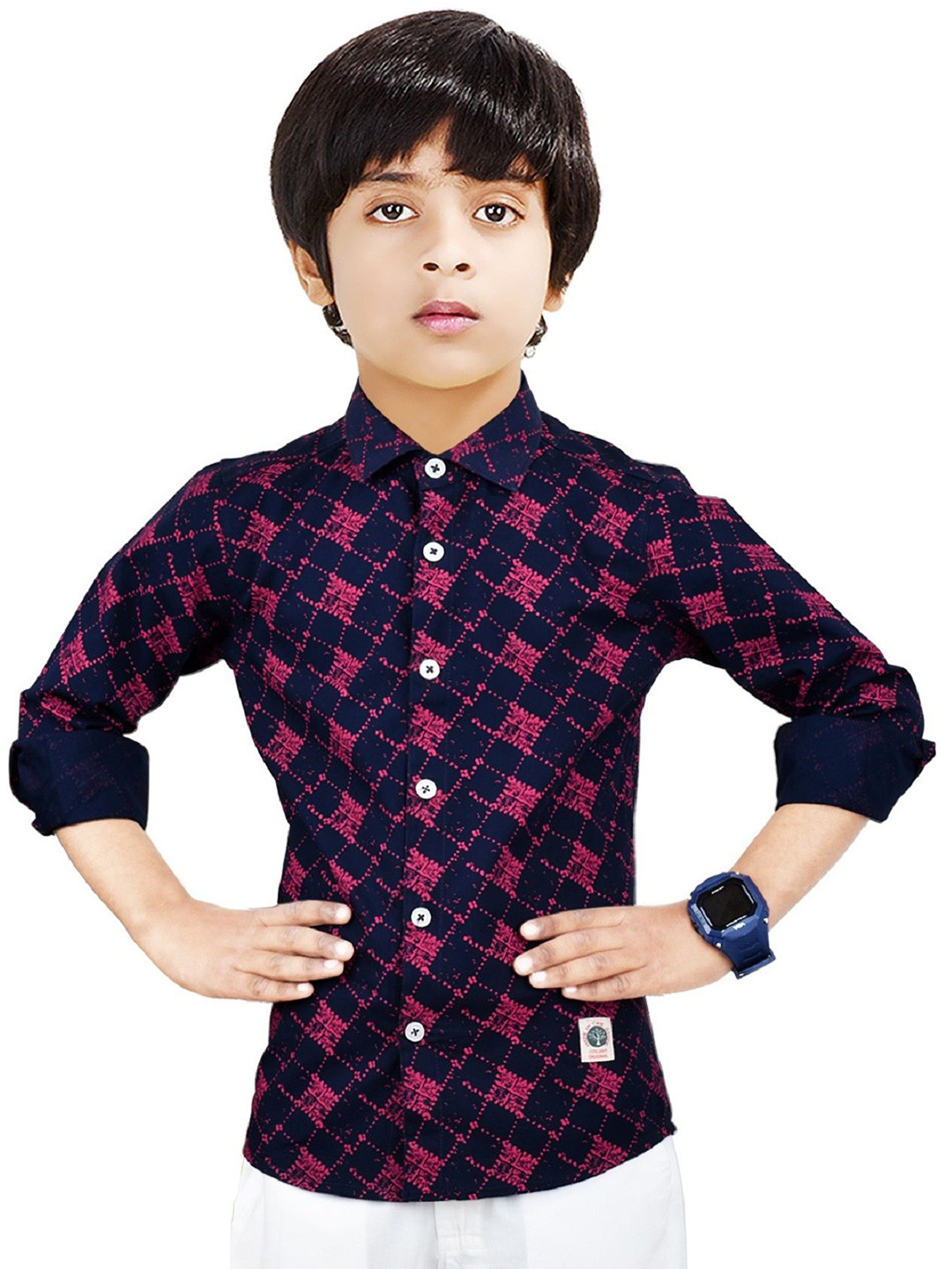 

MADE IN THE SHADE Boys Spread Collar Geometric Printed Cotton Casual Shirt, Navy blue