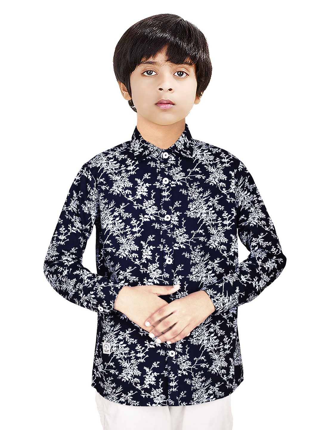 

MADE IN THE SHADE Boys Spread Collar Floral Printed Cotton Casual Shirt, Navy blue