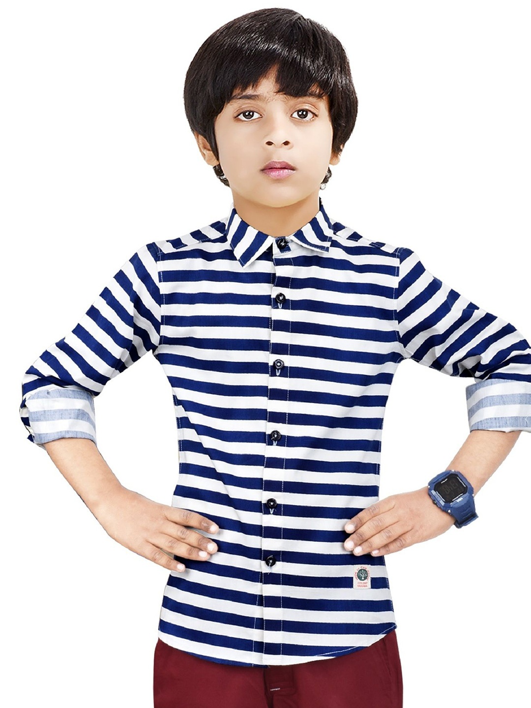 MADE IN THE SHADE Boys Spread Collar Horizontal Striped Cotton Casual Shirt, Navy blue