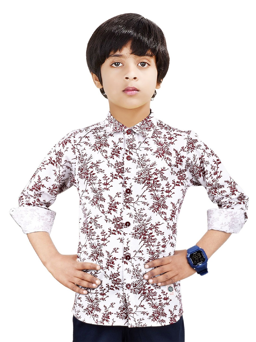 

MADE IN THE SHADE Boys Spread Collar Floral Printed Cotton Casual Shirt, White