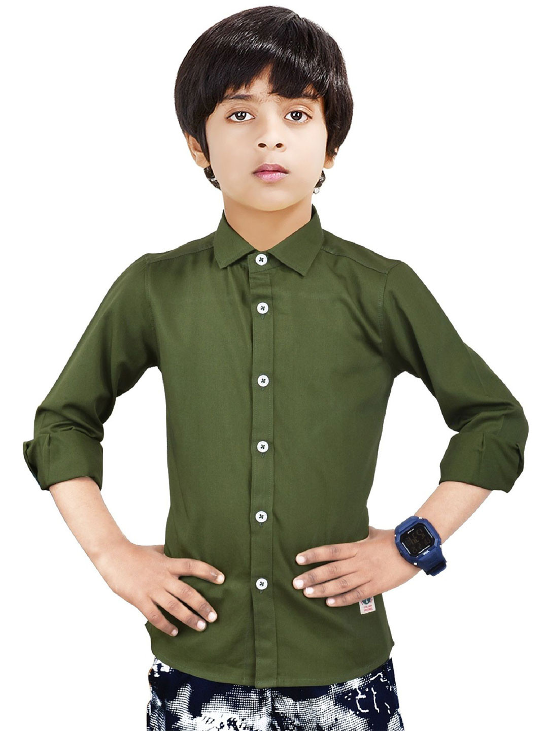 

MADE IN THE SHADE Boys Spread Collar Solid Cotton Casual Shirt, Olive
