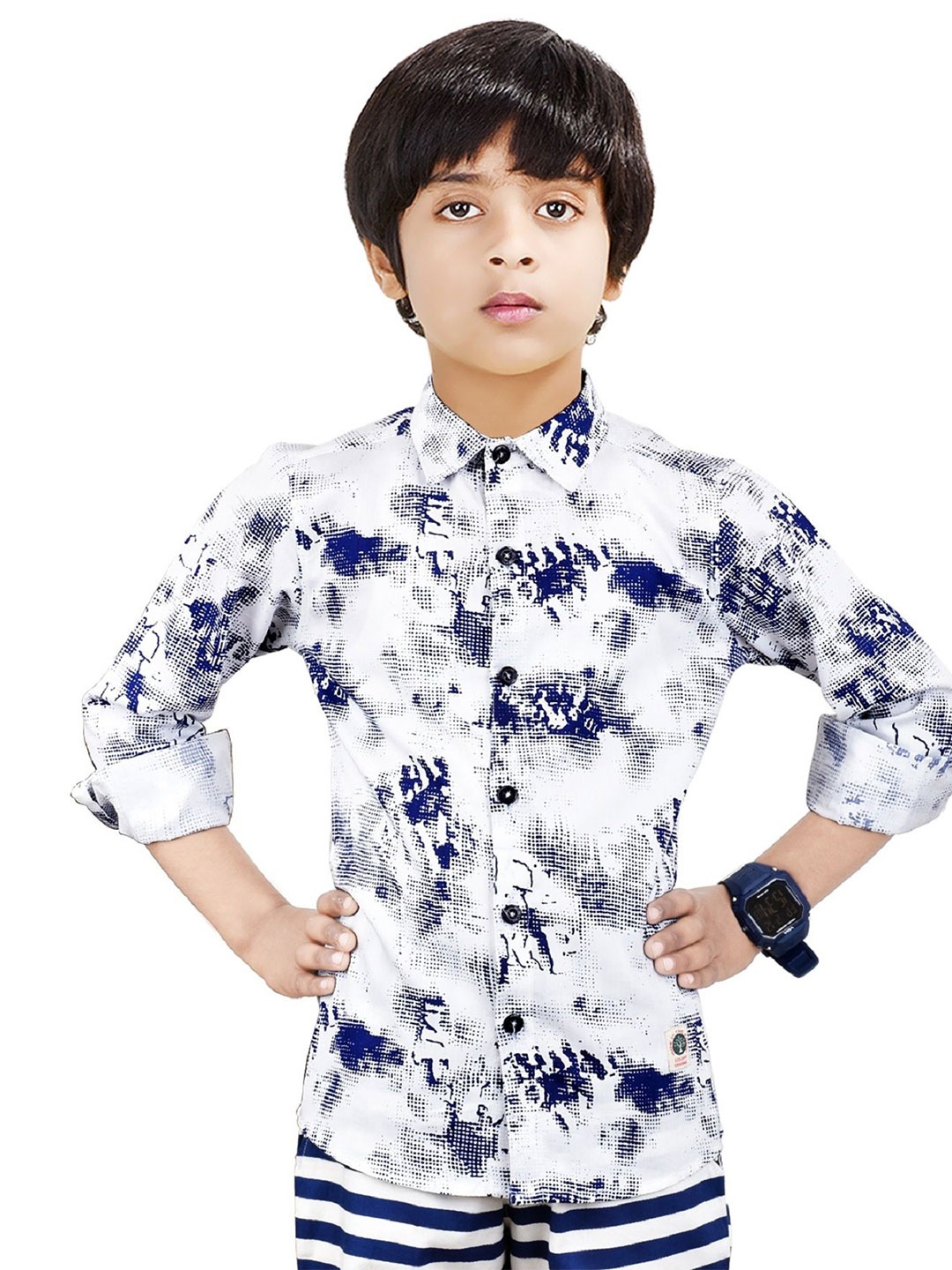 

MADE IN THE SHADE Boys Spread Collar Abstract Printed Cotton Casual Shirt, White