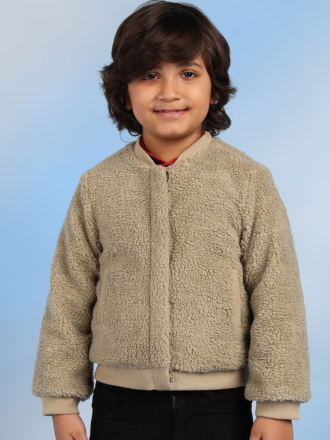 

BAESD Boys Stand Collar Self Design Cotton Casual Parka Jacket, Beige