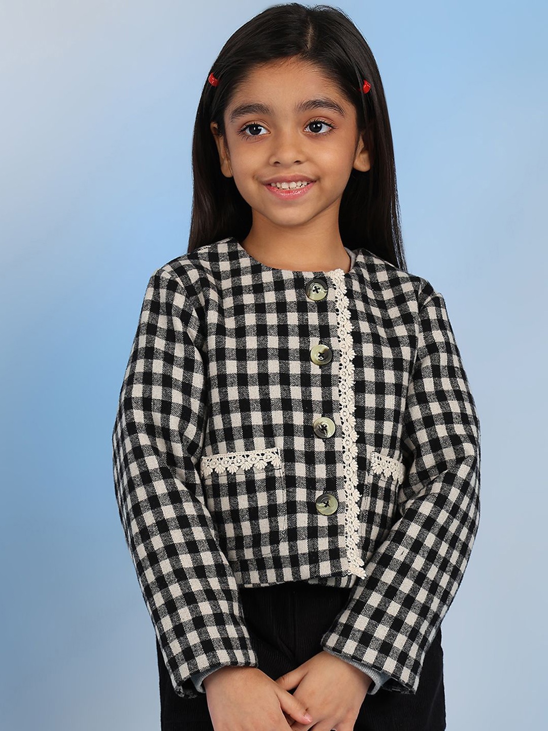 

BAESD Girls Collarless Checked Cotton Casual Tailored Jacket, Black