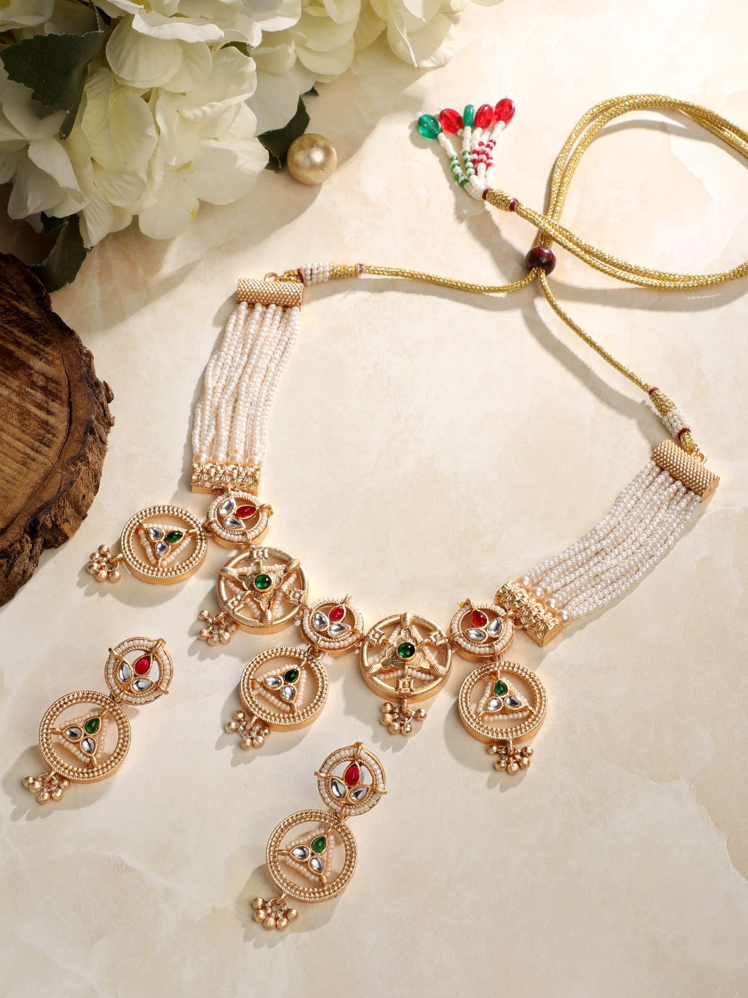 

ASMITTA JEWELLERY 22k Gold-Plated Emerald Ruby Kundan-Studded & Beaded Jewellery Set