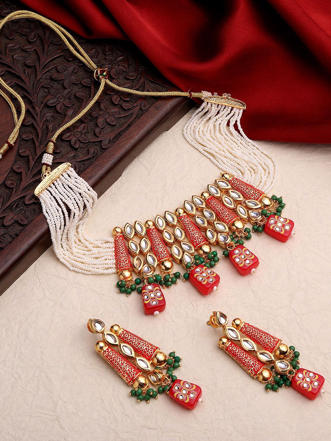 

ASMITTA JEWELLERY Gold-Plated Kundan Stone Studded & Pearls Beaded Meenakari Jewellery Set