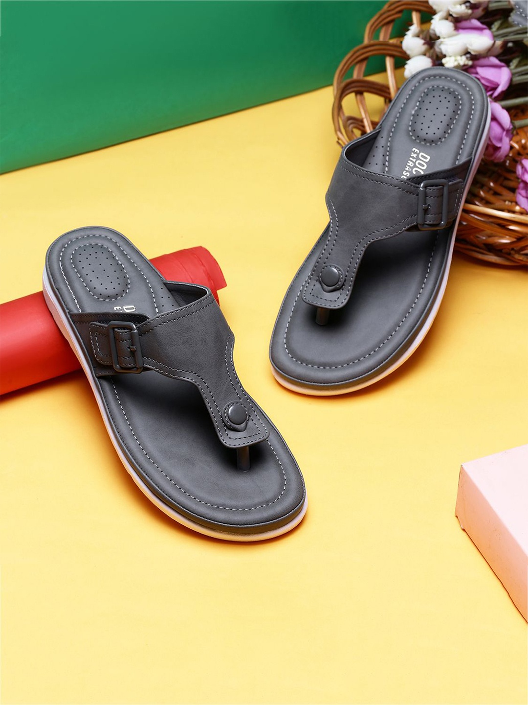 

DOCTOR EXTRA SOFT Women Open Toe T-Strap Flats, Grey