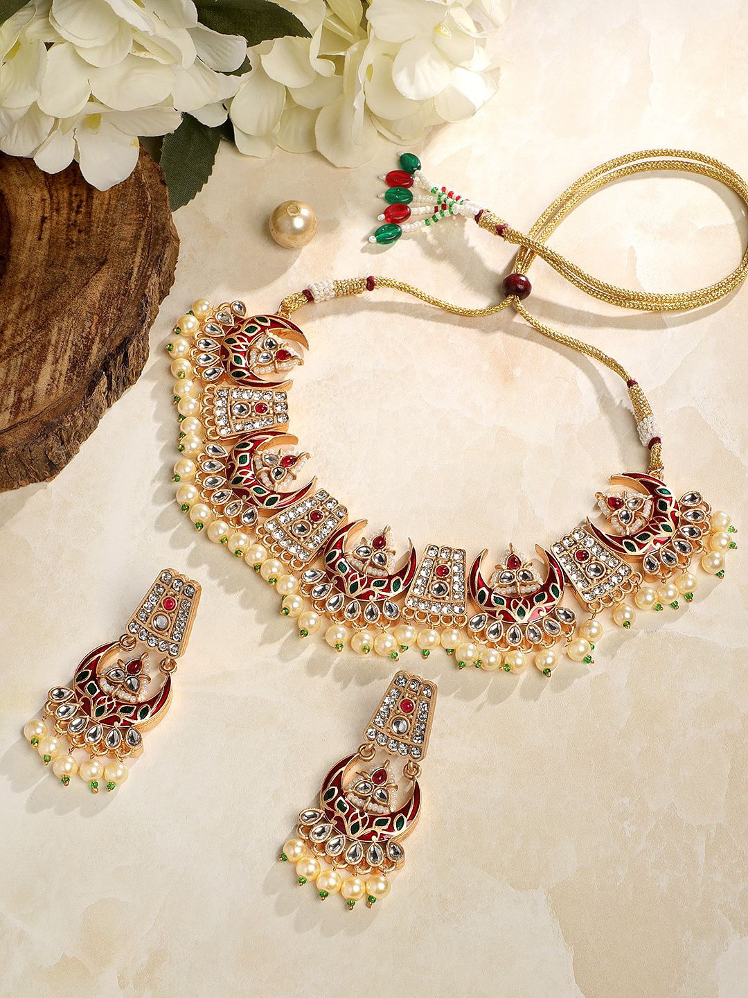 

ASMITTA JEWELLERY 18KT Gold-Plated CZ & Kundan Studded and Beaded Meenakari Jewellery Set