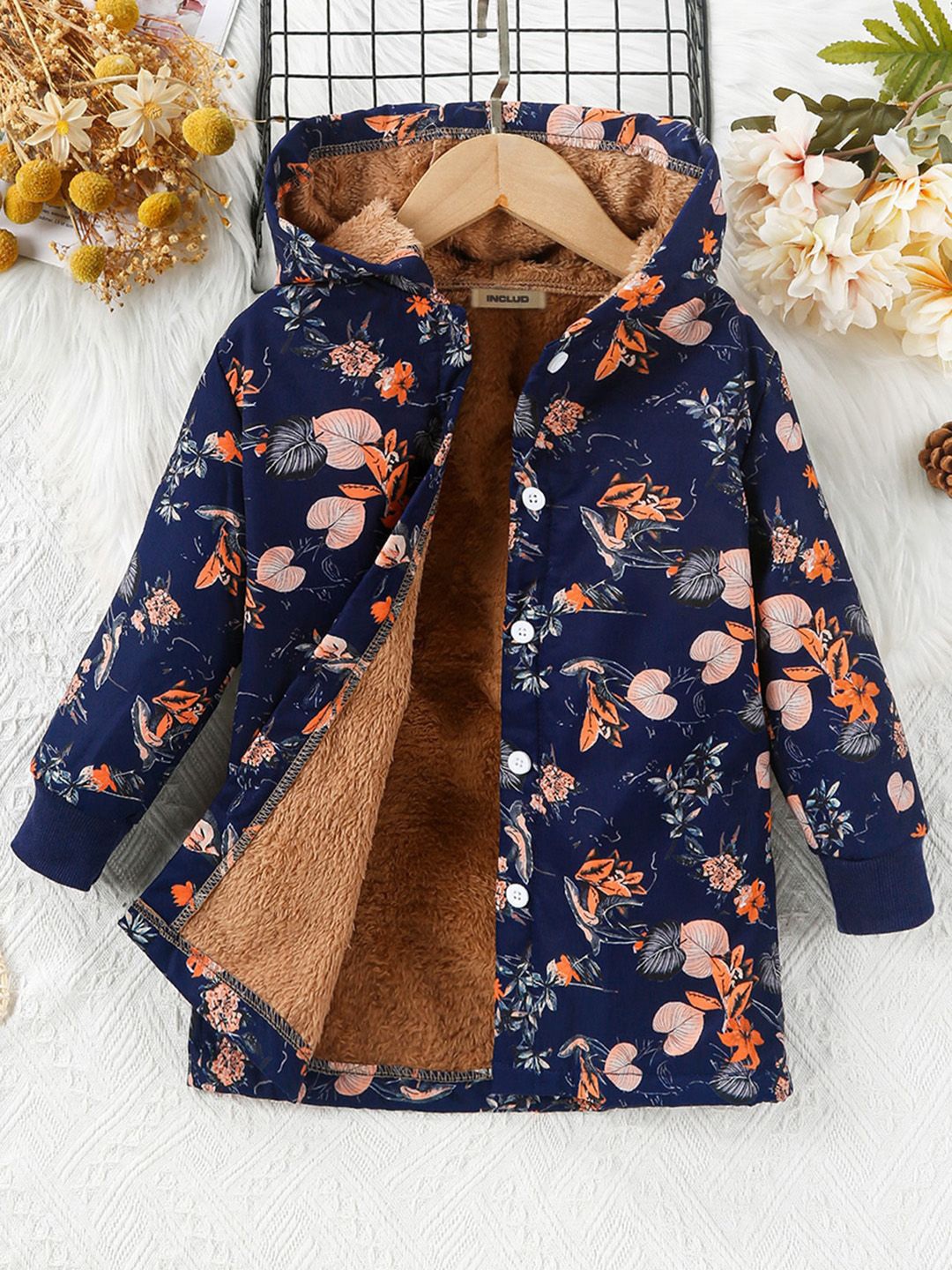 

INCLUD Girls Hooded Floral Printed Cotton Casual Parka Jacket, Navy blue
