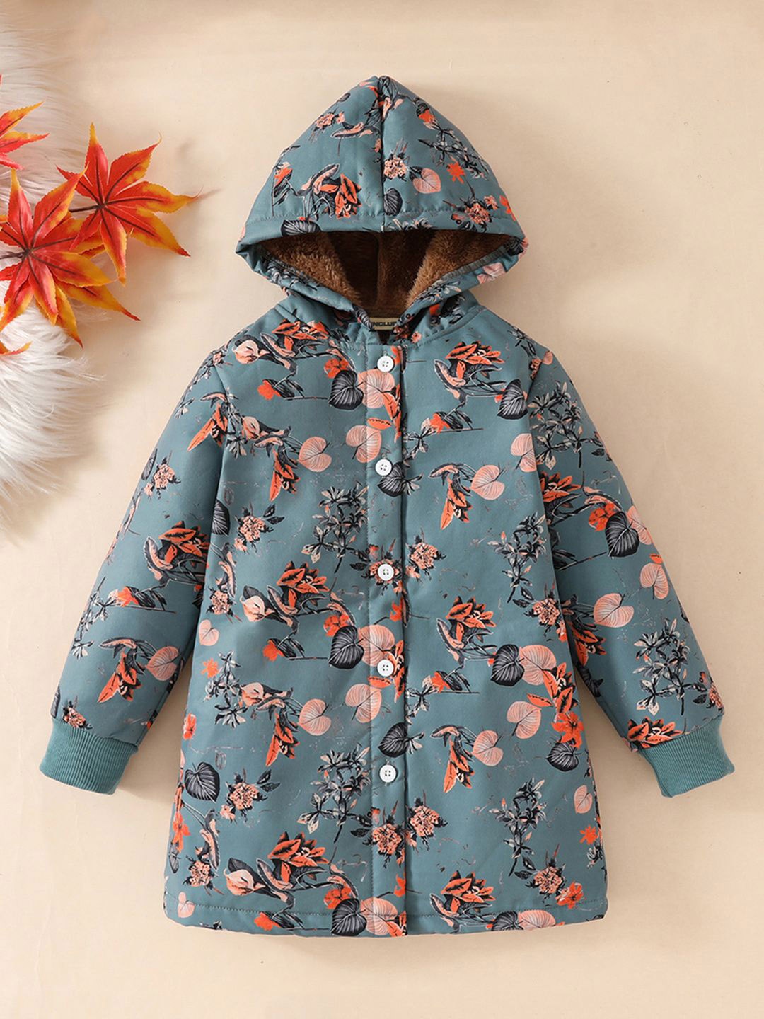 

INCLUD Girls Hooded Floral Printed Cotton Casual Parka Jacket, Teal