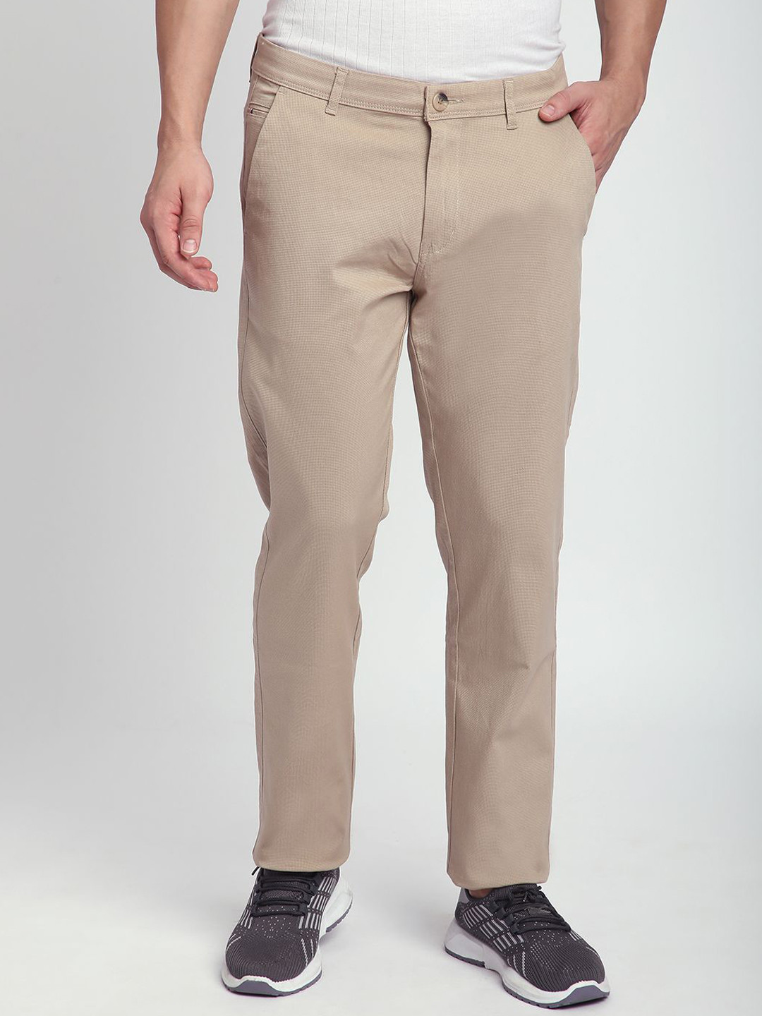 

R&B Men Cotton Slim Fit Chinos Trousers, Khaki