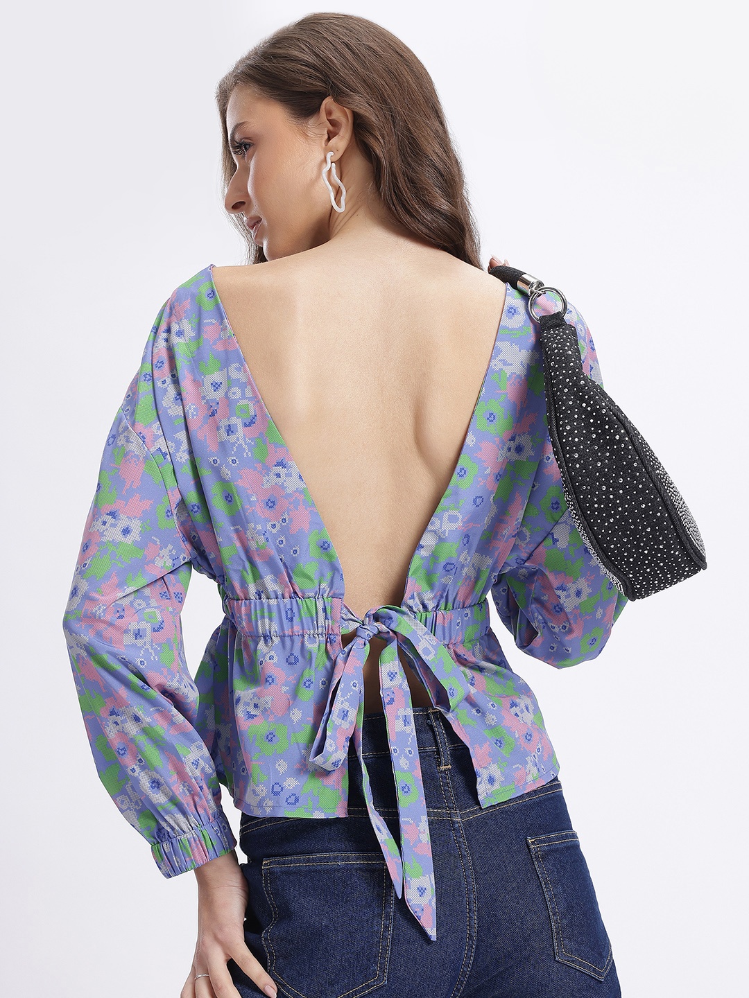 

glitchez Abstract Doodles Print Tie-Up Detail Styled Back Peplum Top, Purple