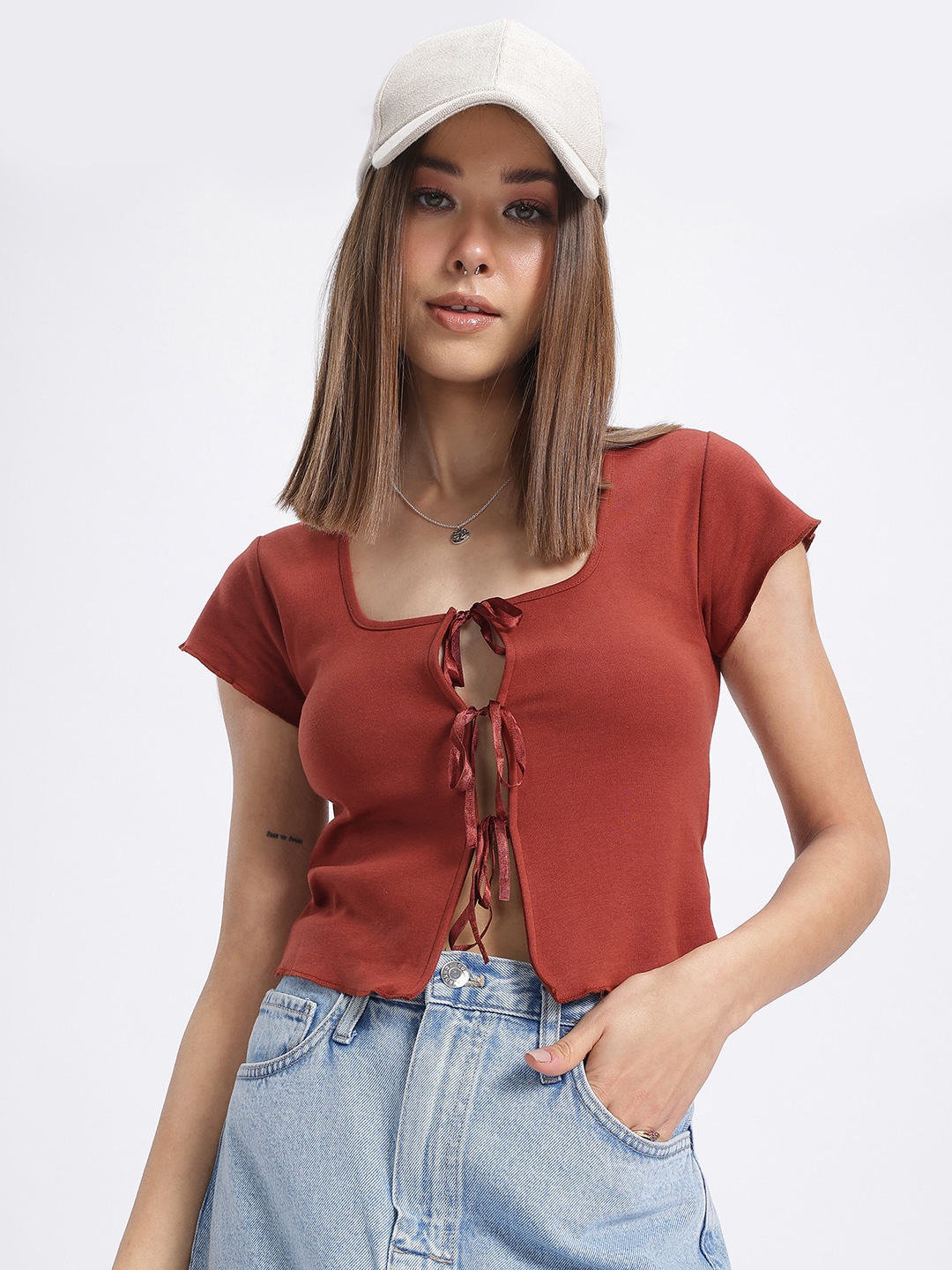 

glitchez Bow Babe Front Tie Slim Fit Top, Rust
