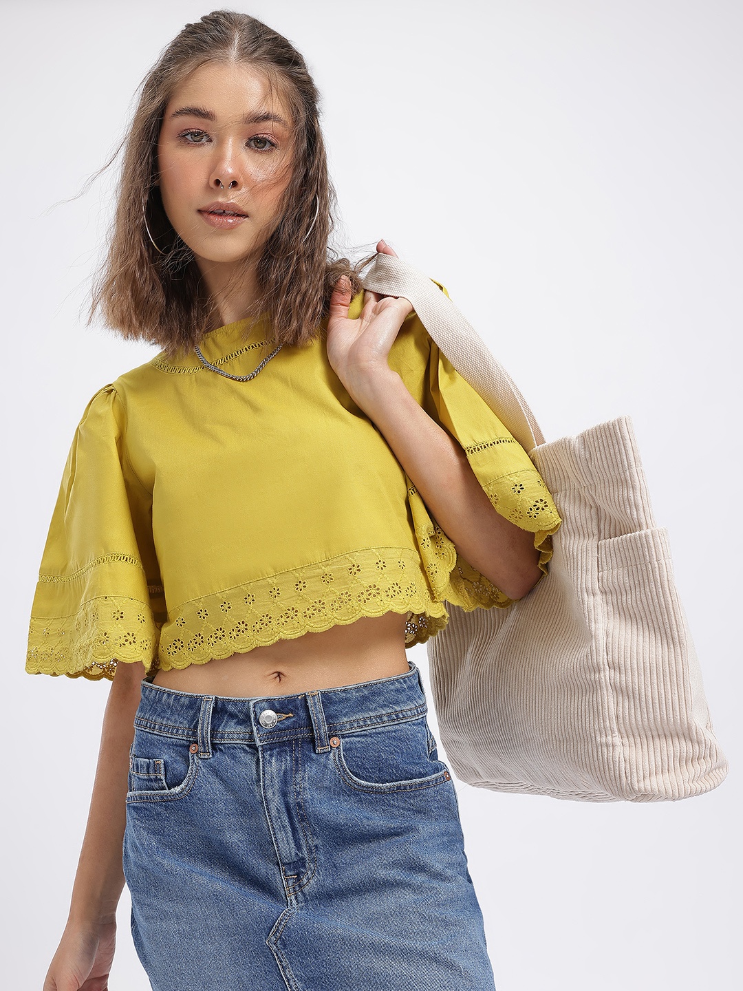 

glitchez Schiffli Showers Crop Top, Mustard