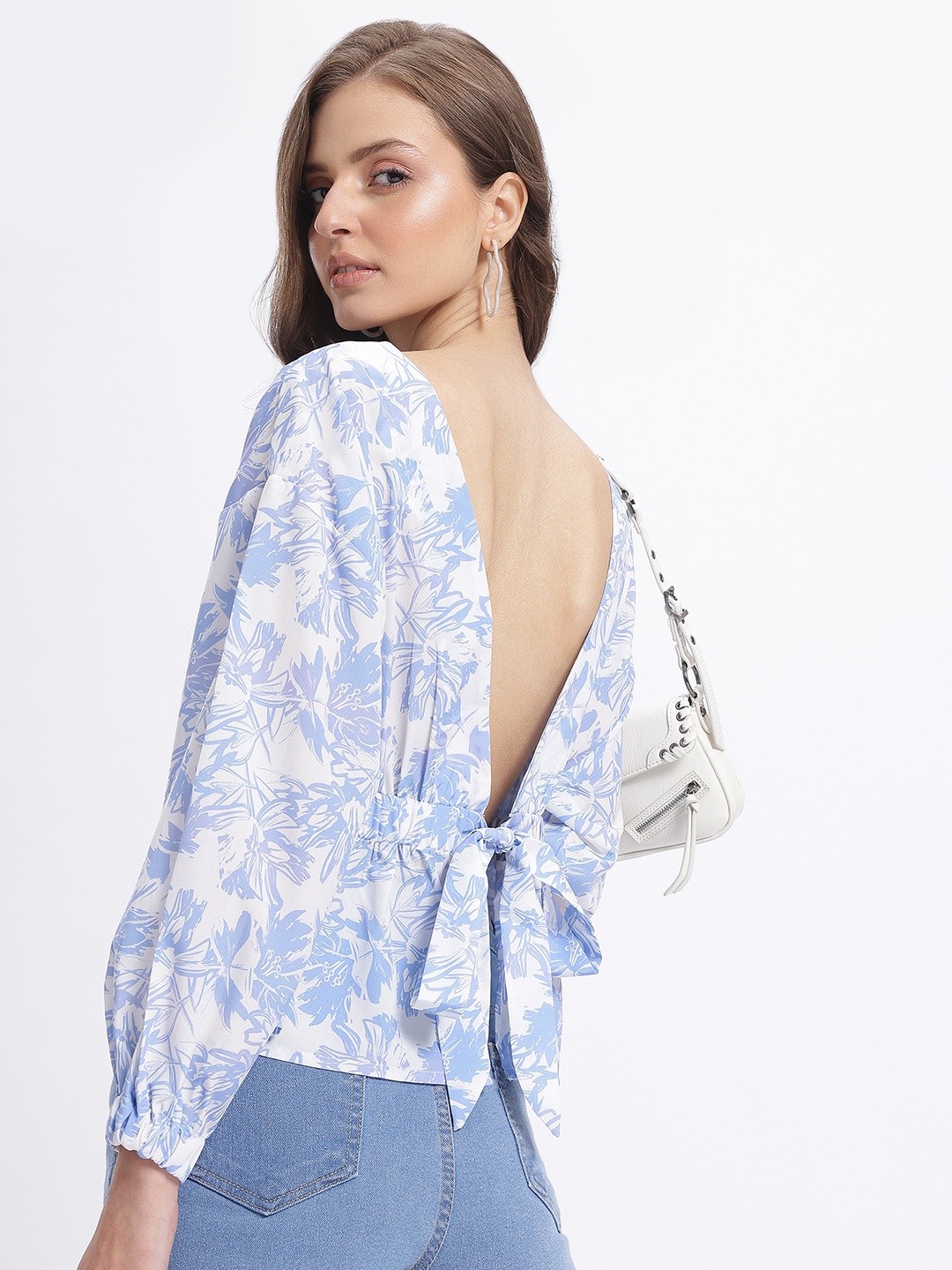 

glitchez Fantastic Florals Tie-Up Detail Styled Back Peplum Top, White