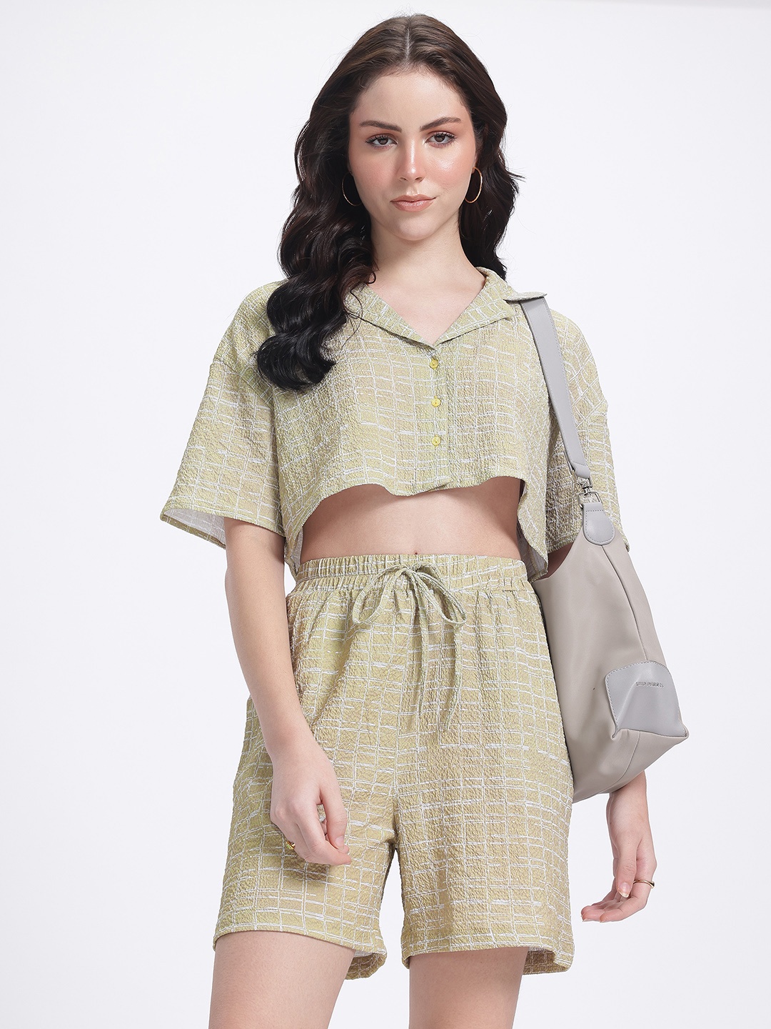

glitchez Geo Luxe Print Crop Shirt With Shorts Co-Ord Set, Beige
