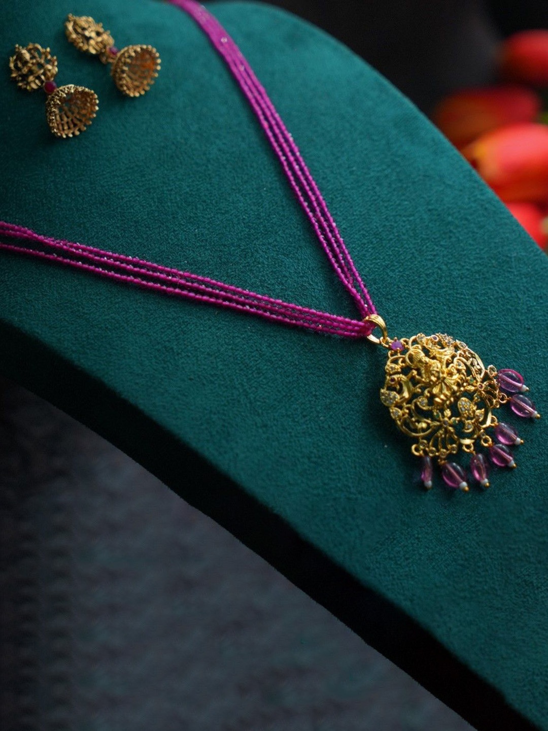 

MYNA Gold-Plated Crystal and CZ-Stone Studded & Beaded Lakshmi Goddess Jewellery Set